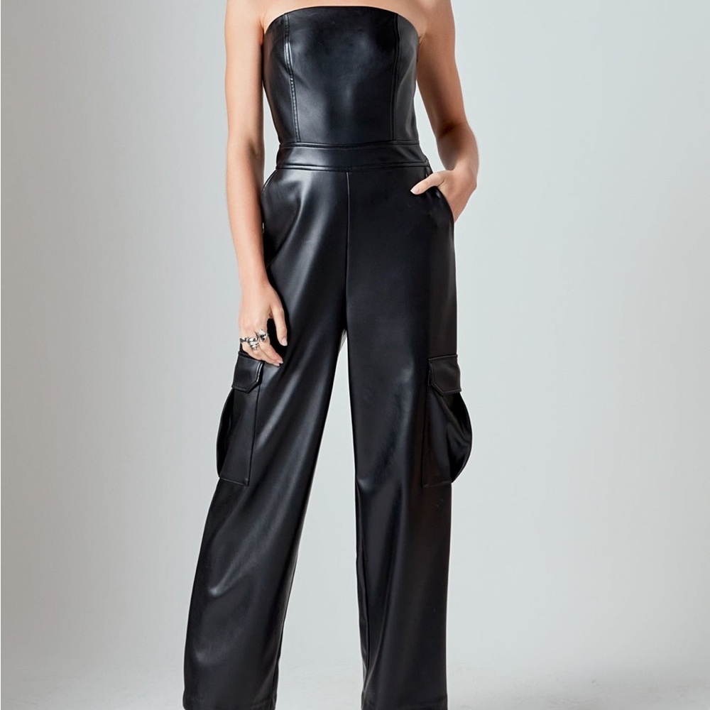 NWT Grey Lab x Nordstrom Black Leather Tube Top Cargo Jumpsuit Pants Romper